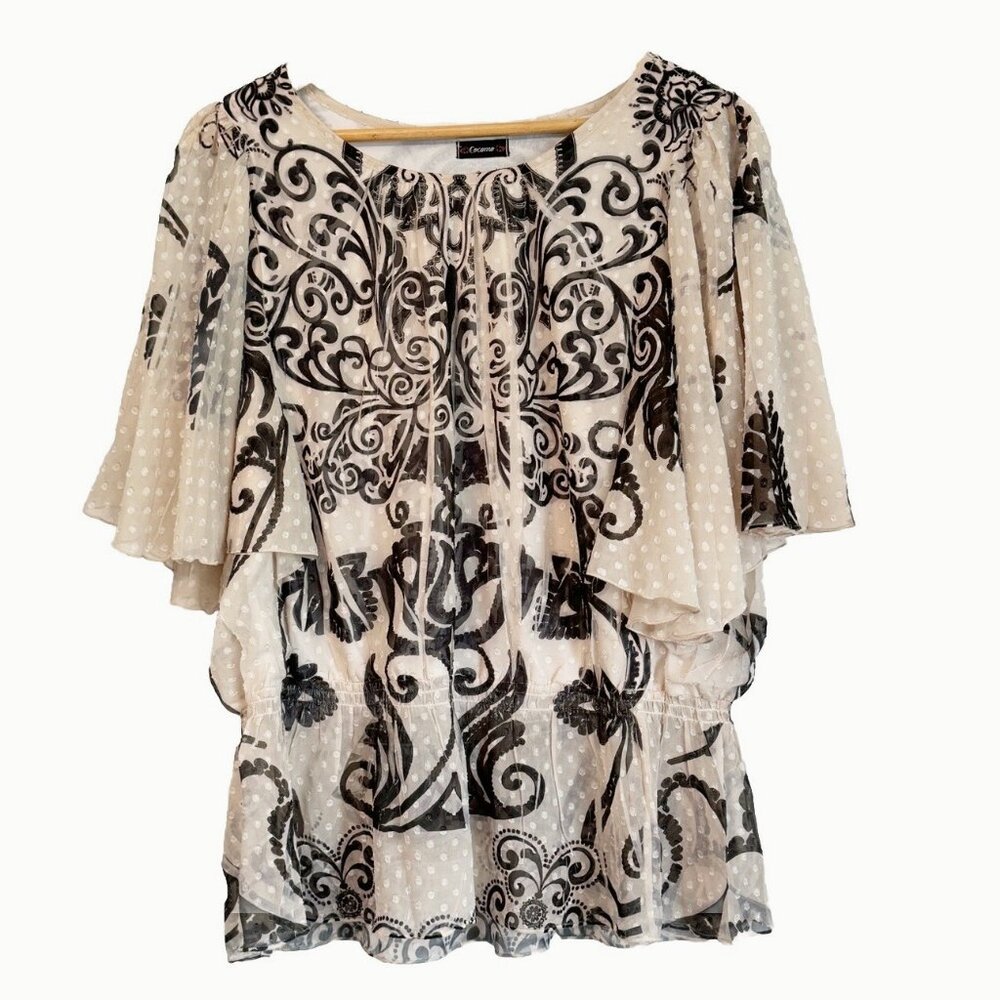Cocomo Women’s Beige Black Top Medium Flowy Flared Whimsigoth Boho Artsy